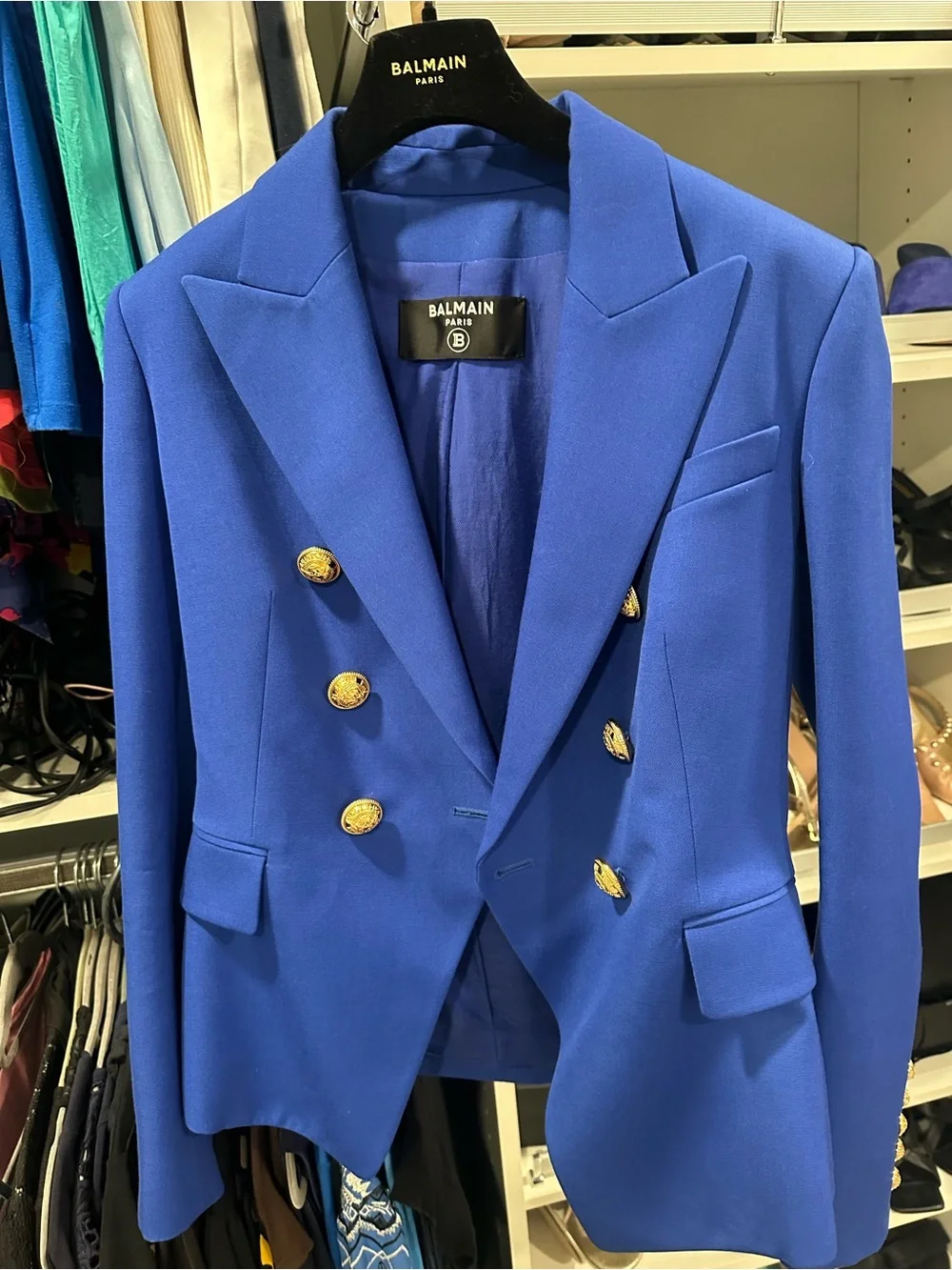 Balmain Double-Breasted Blazer in Bright Blue with Gold Buttons